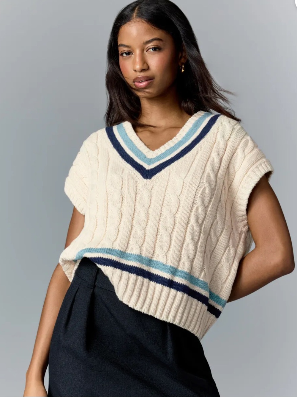 Ralph Lauren Cream Cable-Knit Cricket Sweater Vest with Blue Stripe